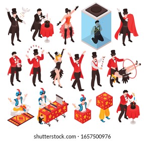 Isometric magician showing tricks focuses set of isolated human characters with show props and gaudy dress vector illustration