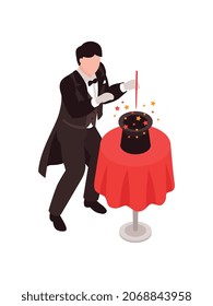 Isometric magician showing tricks focuses composition with human character holding magic wand and hat vector illustration