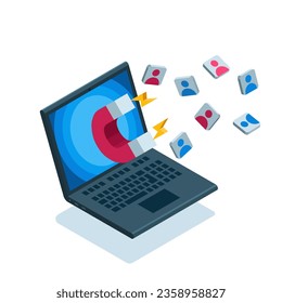 isometric magnet attracts users to the laptop screen in color on a white background, online marketing or attracting customers and subscribers