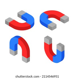Isometric magnet in different perspective with flat rounded cartoon style isolated on white background