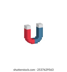 ícone de ímã isométrico 8 bits, pixel art ícone magnético para o logotipo do jogo.