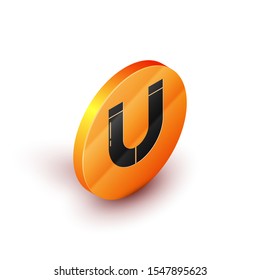 Isometric Magnet icon isolated on white background. Horseshoe magnet, magnetism, magnetize, attraction. Orange circle button. Vector Illustration