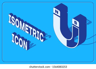 Isometric Magnet icon isolated on blue background. Horseshoe magnet, magnetism, magnetize, attraction sign.  Vector Illustration
