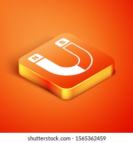 Isometric Magnet icon isolated on orange background. Horseshoe magnet, magnetism, magnetize, attraction sign.  Vector Illustration