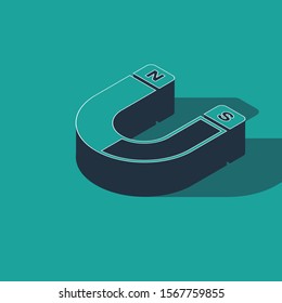 Isometric Magnet icon isolated on green background. Horseshoe magnet, magnetism, magnetize, attraction sign.  Vector Illustration