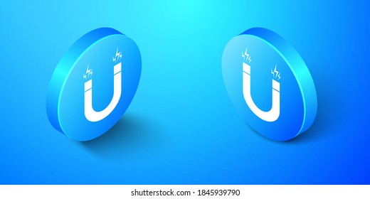 Isometric Magnet icon isolated on blue background. Horseshoe magnet, magnetism, magnetize, attraction. Blue circle button. Vector.