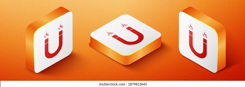 Isometrisches Magnet Symbol einzeln auf orangefarbenem Hintergrund. Hufeisenmagnet, Magnetismus, Magnetisierung, Attraktion. Orangefarbene Quadrat-Taste. Vektorgrafik.