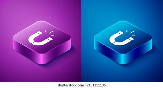 Isometric Magnet icono aislado en fondo azul y púrpura. Imán herradura, magnetismo, magnetismo, atracción. Botón cuadrado. Vector