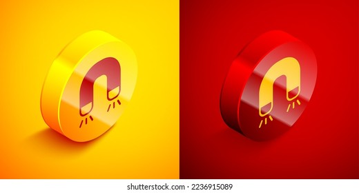 Isometric Magnet icon isolated on orange and red background. Horseshoe magnet, magnetism, magnetize, attraction. Circle button. Vector
