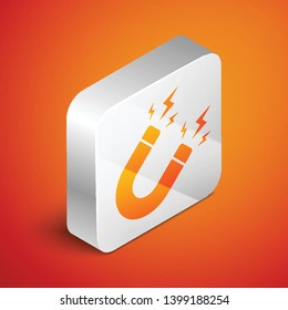 Isometric Magnet with lightning icon isolated on orange background. Horseshoe magnet, magnetism, magnetize, attraction sign. Silver square button. Vector Illustration