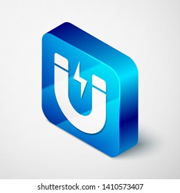 Isometric Magnet with lightning icon isolated on white background. Horseshoe magnet, magnetism, magnetize, attraction sign. Blue square button. Vector Illustration