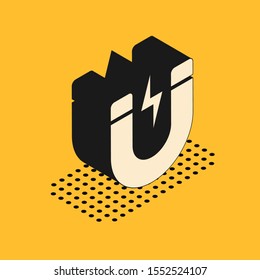 Isometric Magnet with lightning icon isolated on yellow background. Horseshoe magnet, magnetism, magnetize, attraction sign.  Vector Illustration