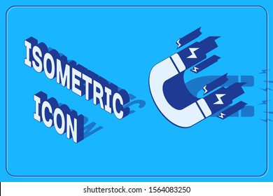 Isometric Magnet with lightning icon isolated on blue background. Horseshoe magnet, magnetism, magnetize, attraction sign.  Vector Illustration