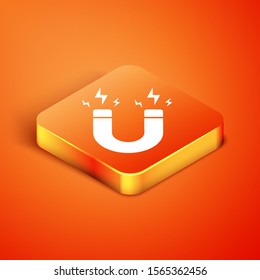 Isometric Magnet with lightning icon isolated on orange background. Horseshoe magnet, magnetism, magnetize, attraction sign.  Vector Illustration