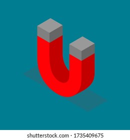 Isometric magnet with shadows. Horseshoe magnet isometric vector icon design. Electromagnet 3d symbol illustration. Magnetic lodestone equipment sign.