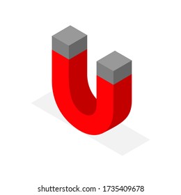 Isometric magnet with shadows. Horseshoe magnet isometric vector icon design. Electromagnet 3d symbol illustration. Magnetic lodestone equipment sign.