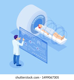 Isometric magnetic resonance therapy . Dctor in white coat is preparing patient for magnetic resonance imaging machine MRI computed tomography at hospital.