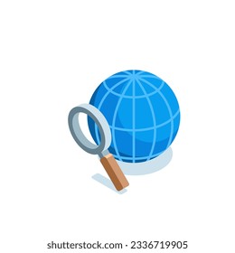 isometric magnifier and globe icon in color on a white background, search for a place on a map or on the globe