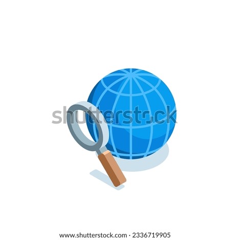 isometric magnifier and globe icon in color on a white background, search for a place on a map or on the globe