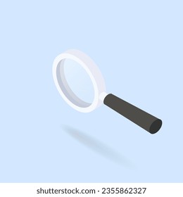 Isometric magnifying glass. 3d magnifier for search, research, inspection, investigation, analysis, monitoring concept. Left view vector illustration of loupe, lens isolated on blue background