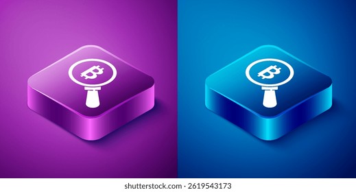 Isometric Magnifying glass with Bitcoin icon isolated on blue and purple background. Physical bit coin. Blockchain based secure crypto currency. Square button. Vector