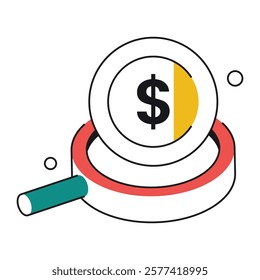 Isometric magnifying glass with coins and graph, designed for financial dashboards, investment platforms, and revenue tracking tools.