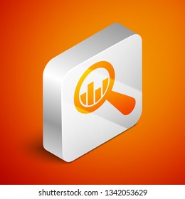 Isometric Magnifying glass and data analysis icon isolated on orange background. Silver square button. Vector Illustration