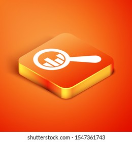 Isometric Magnifying glass and data analysis icon isolated on orange background.  Vector Illustration
