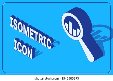 Isometric Magnifying glass and data analysis icon isolated on blue background.  Vector Illustration