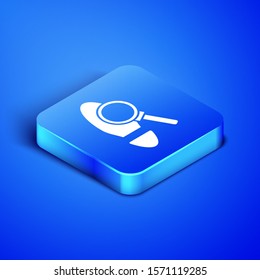 Isometric Magnifying glass with footsteps icon isolated on blue background. Detective is investigating. To follow in the footsteps. Blue square button. Vector Illustration