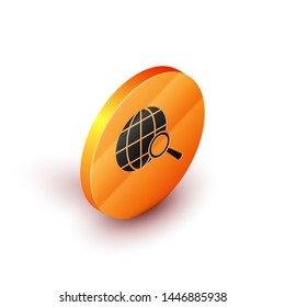 Isometric Magnifying glass with globe icon isolated on white background. Analyzing the world. Global search sign. Orange circle button. Vector Illustration