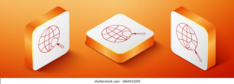 Isometric Magnifying glass with globe icon isolated on orange background. Analyzing the world. Global search sign. Orange square button. Vector.