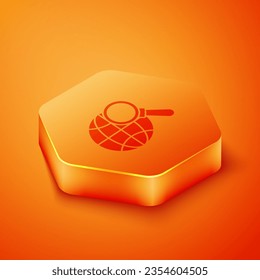 Isometric Magnifying glass with globe icon isolated on orange background. Analyzing the world. Global search sign. Orange hexagon button. Vector Illustration