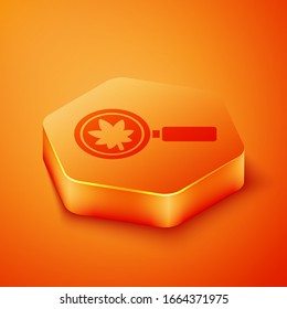 Isometric Magnifying glass with leaf icon isolated on orange background. Scientific biology, study nature leaf. Orange hexagon button. Vector Illustration