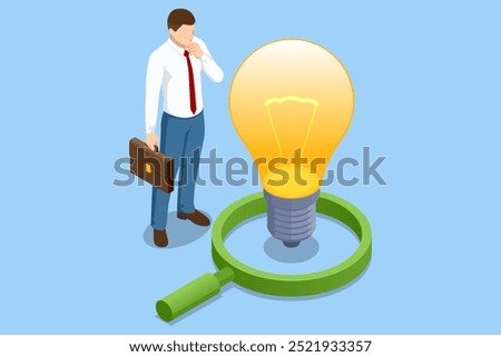 Isometric magnifying glass and light bulb. Startup begins with the spark of an idea, like a light bulb, but success relies on business meetings, teamwork, and strategic handling of money