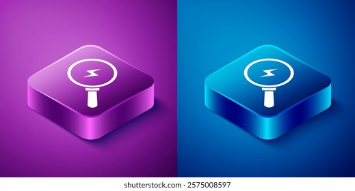 Isometric Magnifying glass with lightning bolt icon isolated on blue and purple background. Flash sign. Charge flash. Thunder bolt. Lighting strike. Square button. Vector