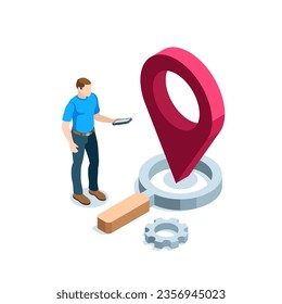 isometric magnifying glass and location icon and a man with a smartphone in color on white background, search for location or coordinates