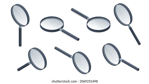 Isometric Magnifying Glass. Magnifier or Loupe. Convex lens that is used to produce a magnified image of an object.