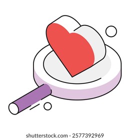 Isometric magnifying glass over heart, perfect for matchmaking platforms, dating blogs, and Valentine’s connection campaigns.