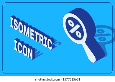 Isometric Magnifying glass with percent discount icon isolated on blue background. Discount offers searching. Search for discount sale sign.  Vector Illustration