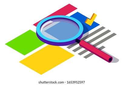 Isometric magnifying glass, vector icon