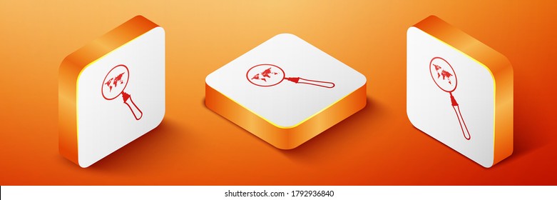 Isometric Magnifying glass with world map icon isolated on orange background. Analyzing the world. Global search sign. Orange square button. Vector