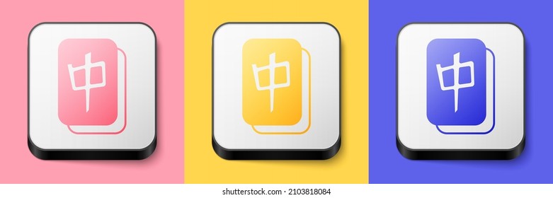 Isometric Mahjong pieces icon isolated on pink, yellow and blue background. Chinese mahjong red dragon game emoji. Square button. Vector