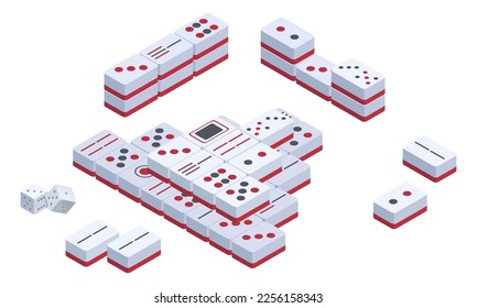 Isometrisches Mahjong-Tischspiel. Klassisches chinesisches Strategiespiel, beliebtes Brettspiel, 3D-Vektorgrafik auf weißem Hintergrund