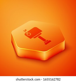 Isometric Mail box icon isolated on orange background. Mailbox icon. Mail postbox on pole with flag. Orange hexagon button. Vector Illustration
