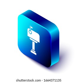 Isometric Mail icono aislado en fondo blanco. Icono de buzón. Postal de correo en el poste con la bandera. Botón cuadrado azul. Ilustración vectorial