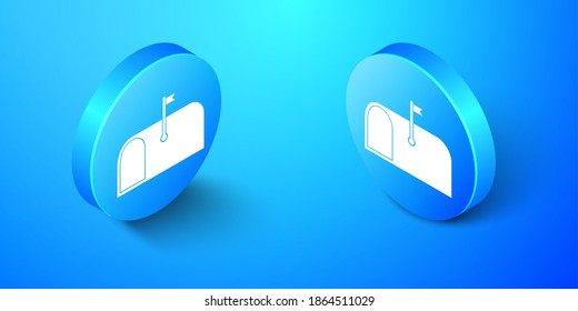Isometric Mail box icon isolated on blue background. Mailbox icon. Mail postbox on pole with flag. Blue circle button. Vector.