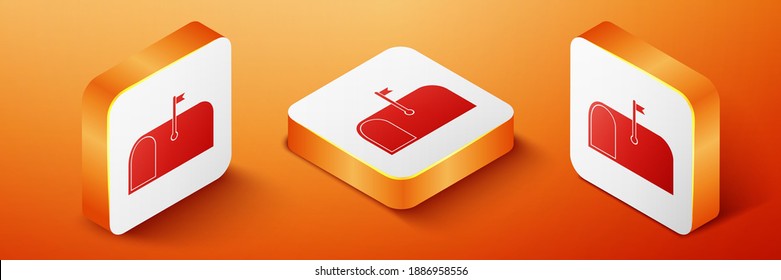 Isometric Mail box icon isolated on orange background. Mailbox icon. Mail postbox on pole with flag. Orange square button. Vector.