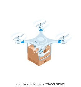 drone de correo isométrico con caja, en color sobre fondo blanco, tecnología moderna o entrega de paquetes y pedidos