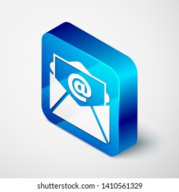 Isometric Mail and e-mail icon isolated on white background. Envelope symbol e-mail. Email message sign. Blue square button. Vector Illustration